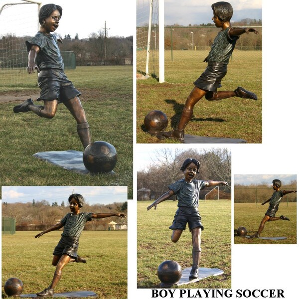 Boy Playing Soccer Bronze Garden Sculpture Kicking Ball
